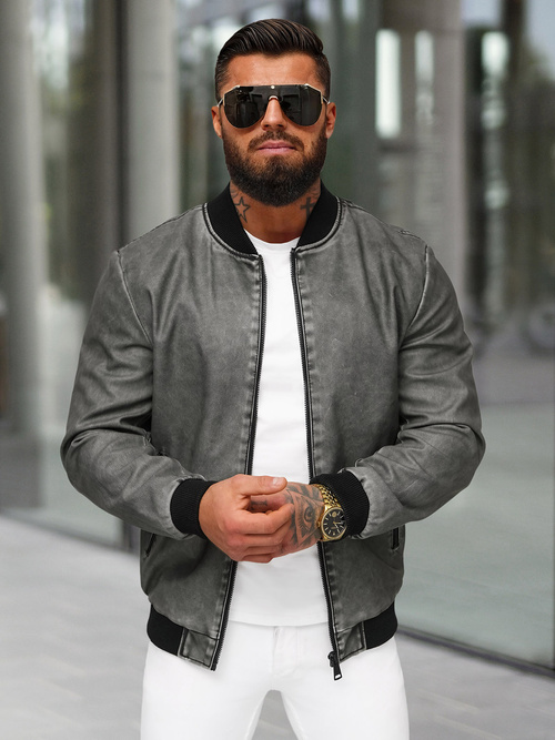 Veste en cuir homme gris foncé OZONEE JS/11Z8107