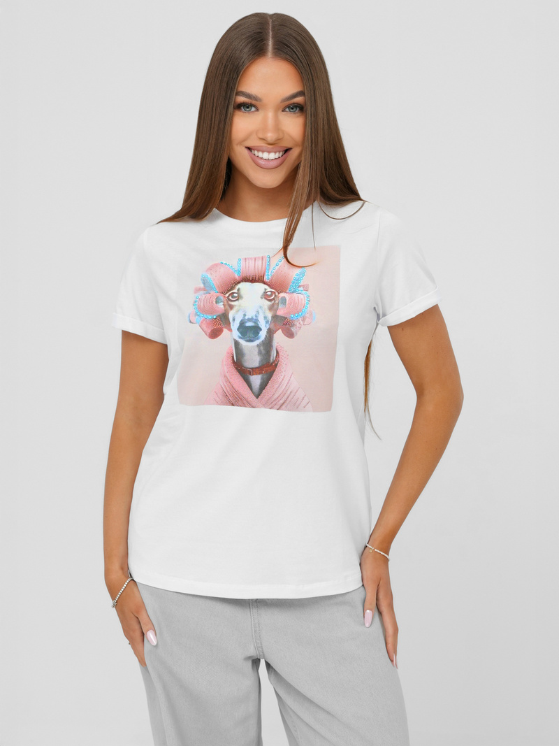 T-shirt femme blanc et rose OZONEE JS/YJ77726