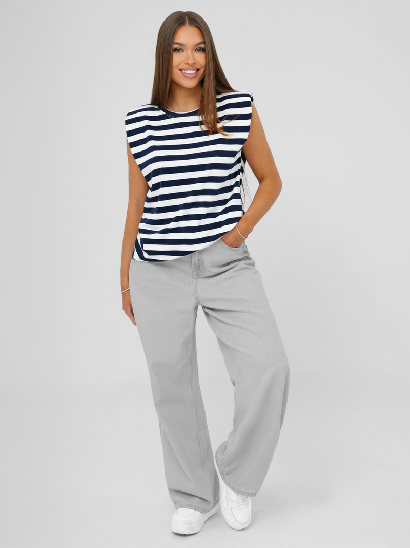 T-shirt Femme Blanc et Bleu Foncé OZONEE JS/R61670