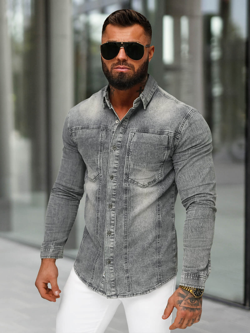 Chemise en jean homme gris OZONEE NB/MC712GZ