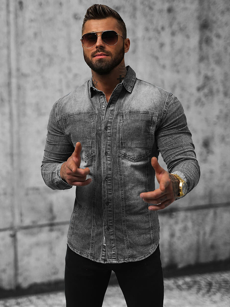 Chemise en jean Homme gris OZONEE NB/MC712G