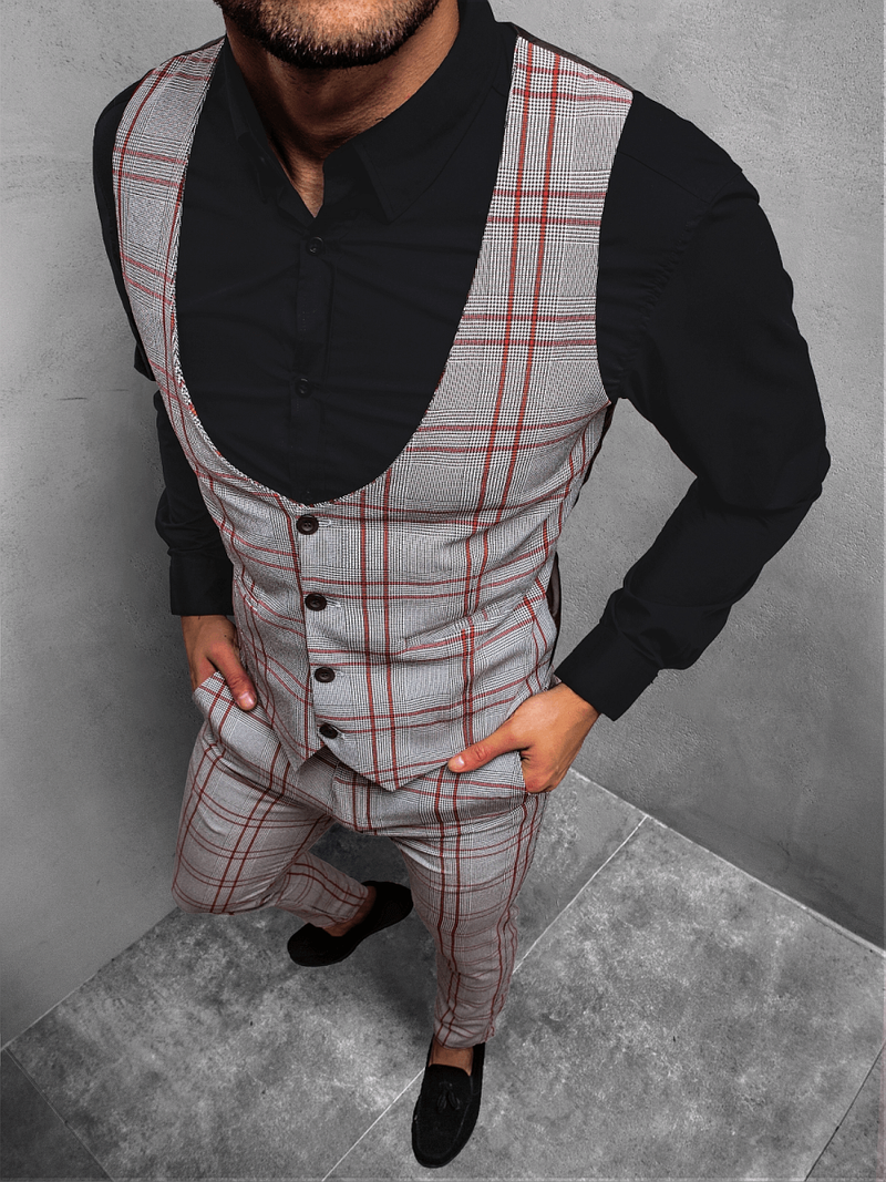 Ensemble homme - gilet et pantalon chino Gris et rouge OZONEE DJ/5598