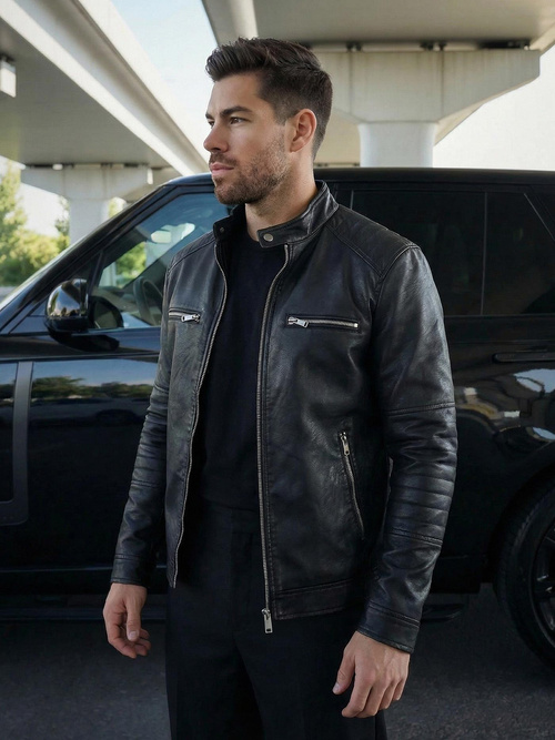 Veste en cuir homme Noir OZONEE JS/11Z8066