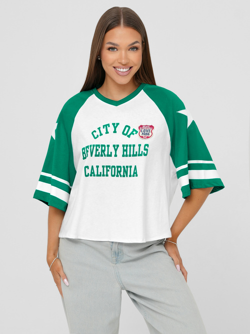 T-shirt Femme Blanc et Vert OZONEE JS/R62493