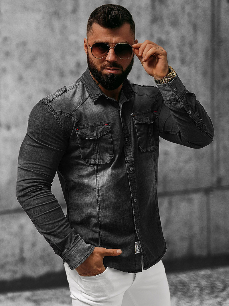 Chemise en jean Homme noir OZONEE NB/MC701NZ