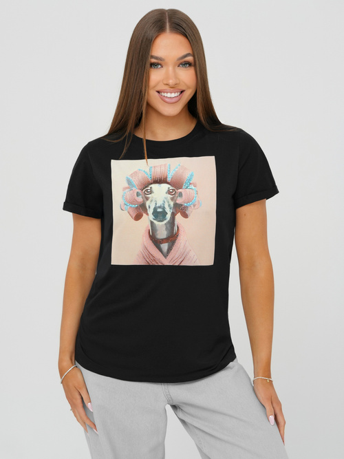 T-shirt femme noir et rose OZONEE JS/YJ77726