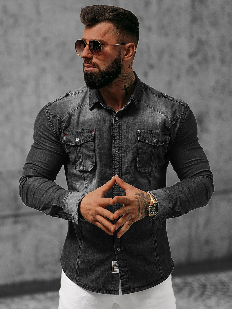 Chemise en jean Homme noir OZONEE NB/MC701NZ