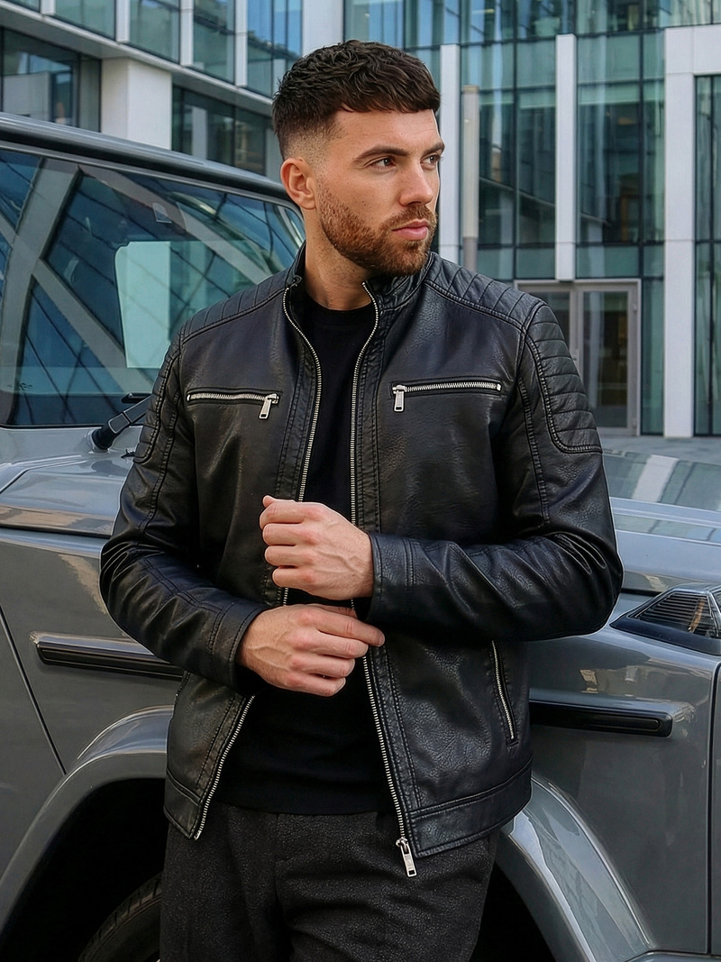 Veste en cuir homme Noir OZONEE JS/11Z8137