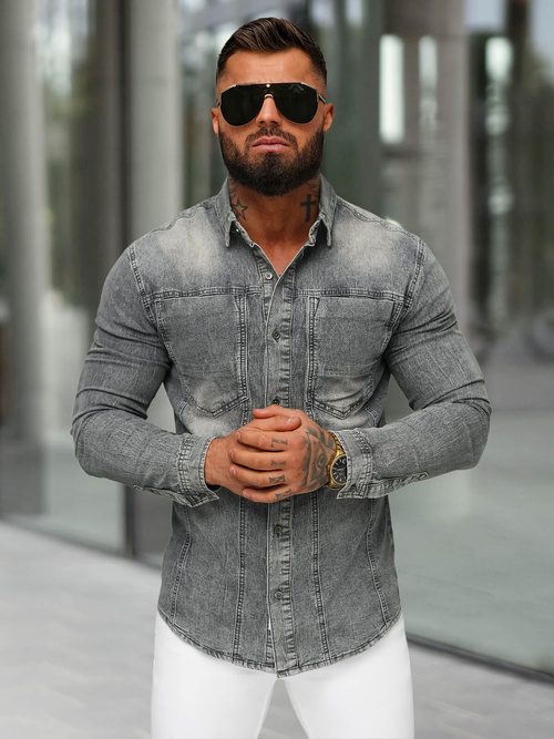 Chemise en jean homme gris OZONEE NB/MC712GZ