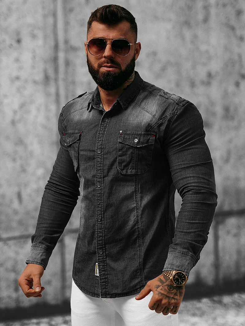 Chemise en jean Homme noir OZONEE NB/MC701NZ