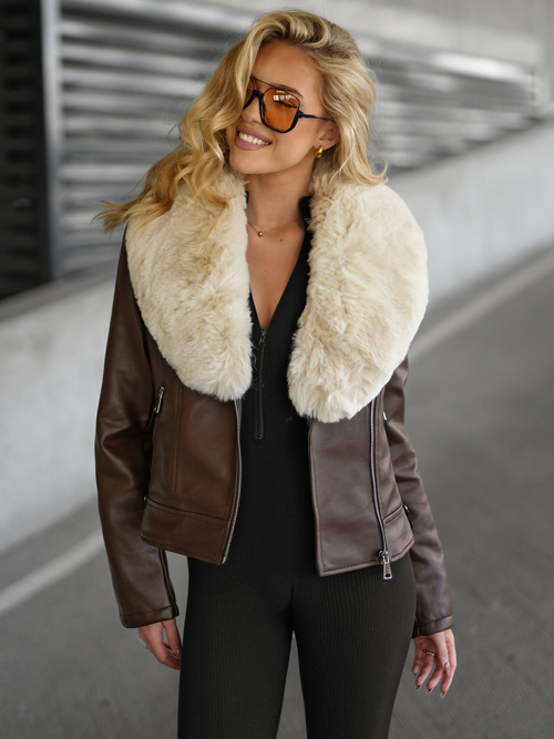 Veste en cuir femme chocolat OZONEE JS/61M8508/158